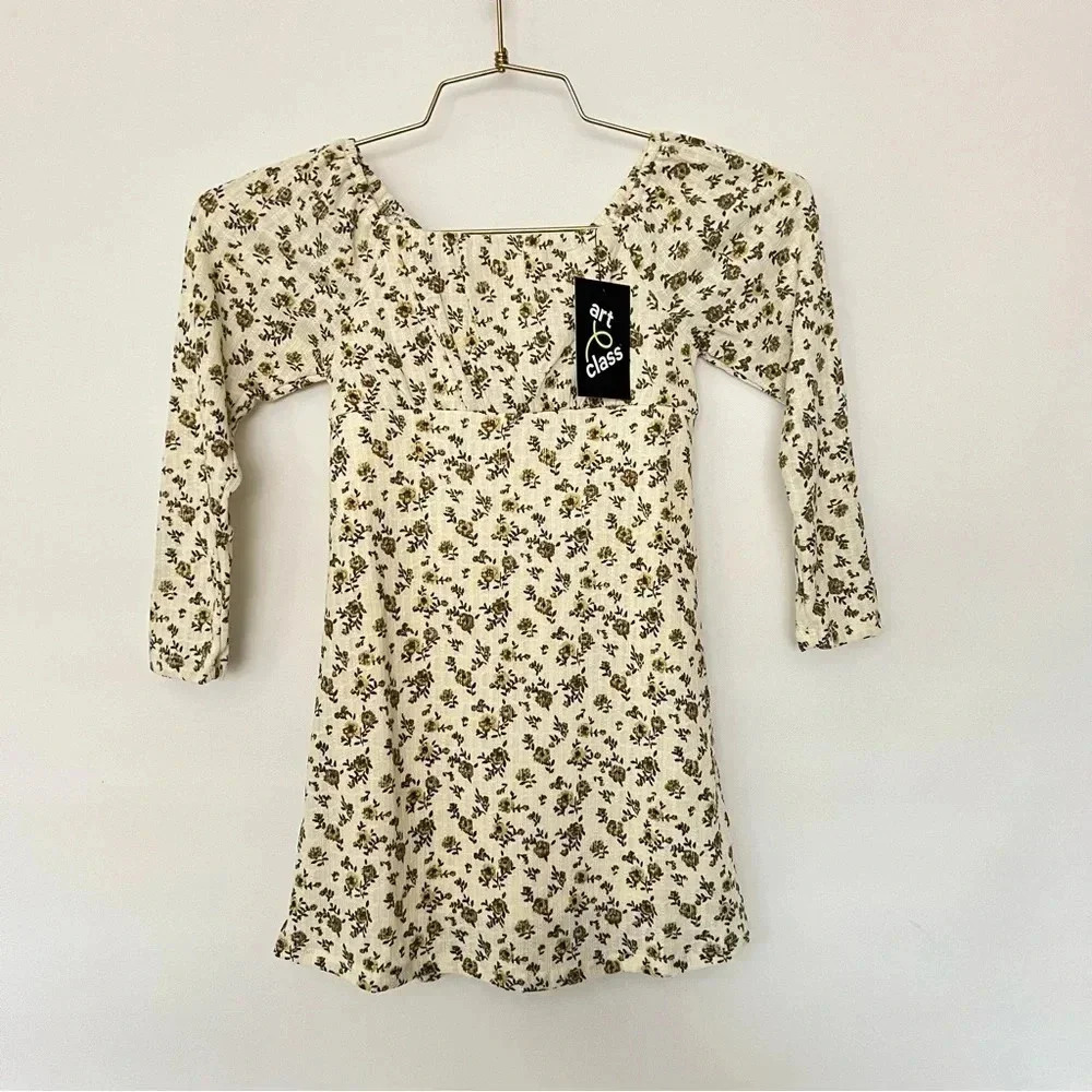 Art Class Peasant Floral Dress Size XS (4/5) Kids Girls Ivory/Yellow Textured